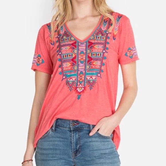 Tops - Bright coral embroidered top